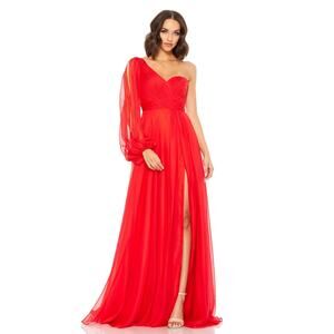 MAC DUGGAL 67810 Flowy One Sleeve Chiffon Gown Red Ruched Bodice 2 NEW